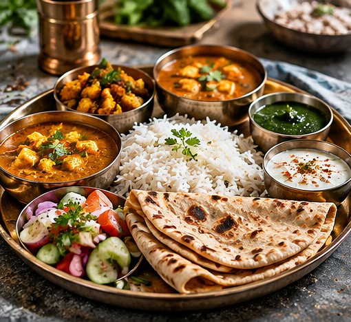 A colorful Indian vegetarian thali with rice, dal, curry, roti and chutneys